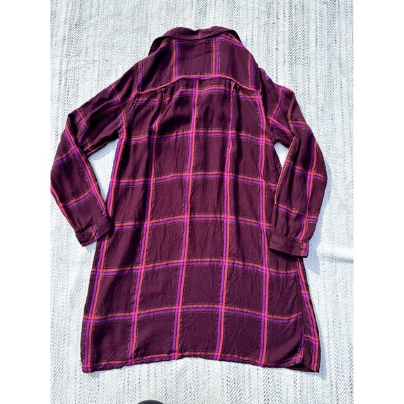 Old Navy Womens Medium Burgundy Dress Plaid Long Sleeve Tunic  Buttons Gold - Picture 6 of 10